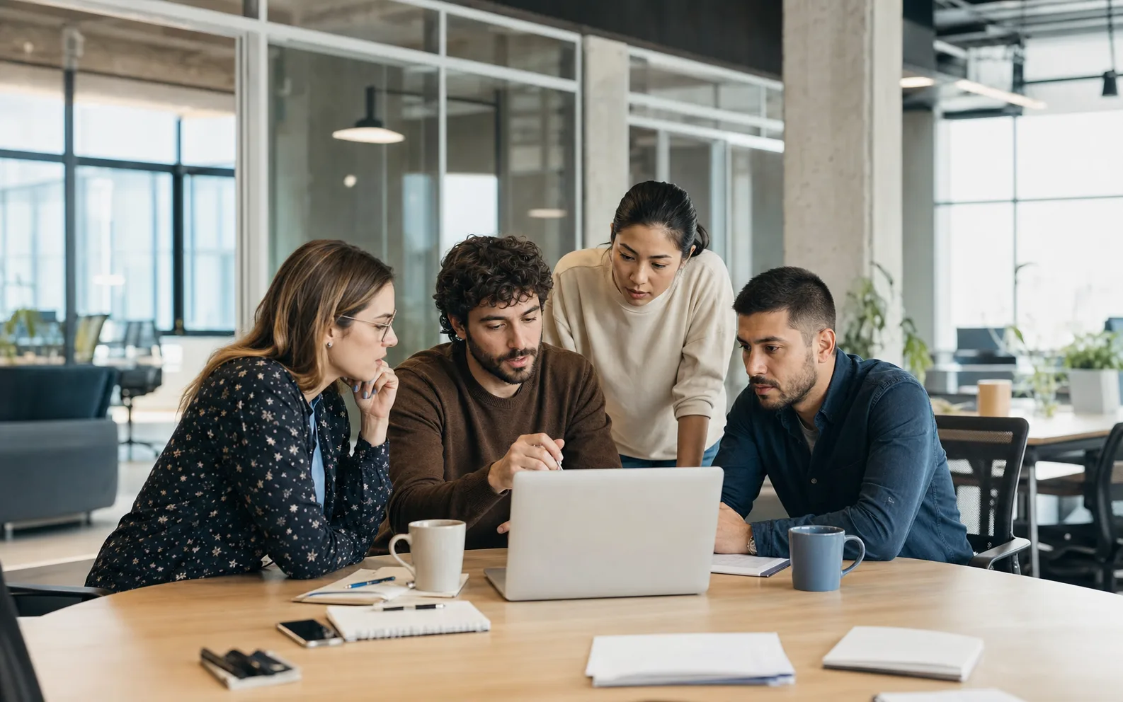 Équipe travaillant sur une session de planification technologique avec ordinateurs et documentation