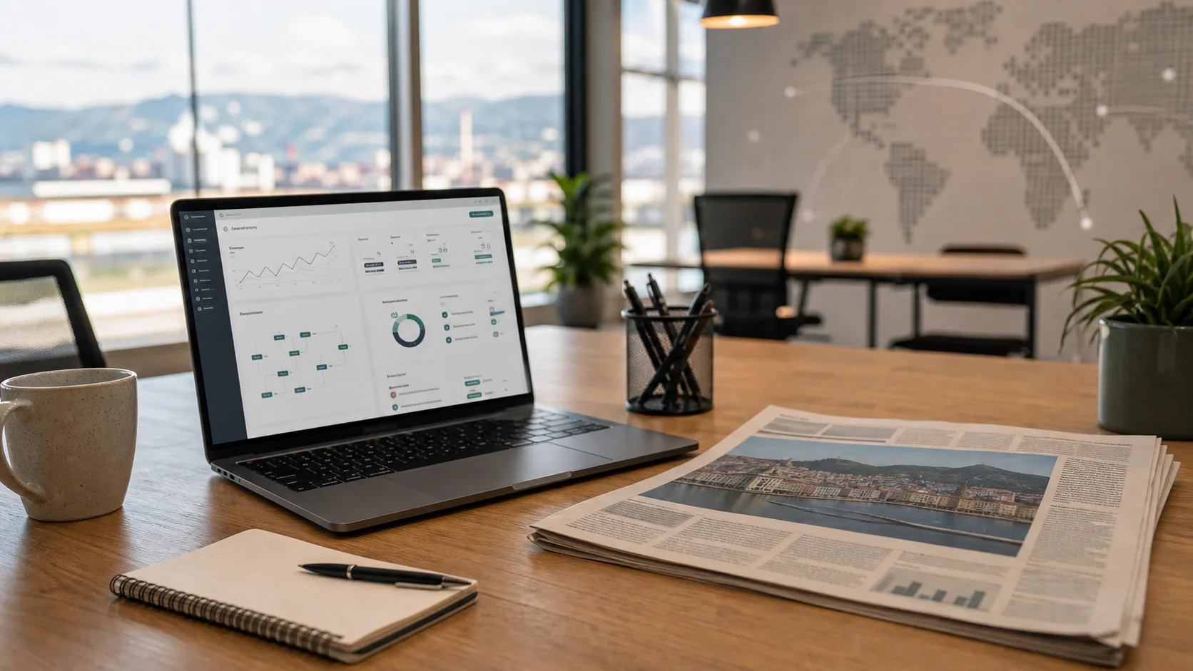 Table de travail technologique avec ordinateur, journal et référence visuelle à Avilés