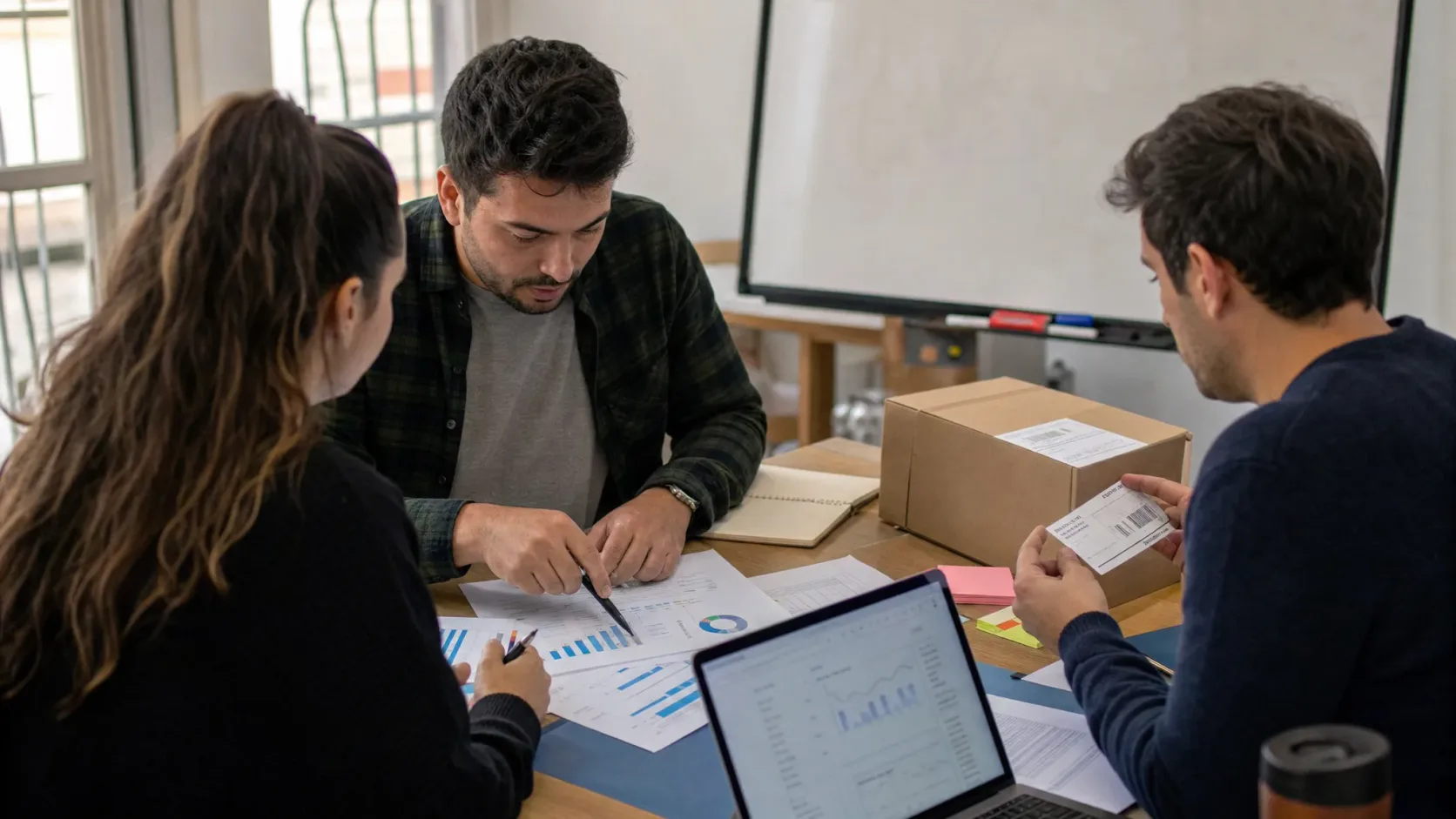 Petite équipe examinant des commandes marketplace et des décisions dans un bureau simple.