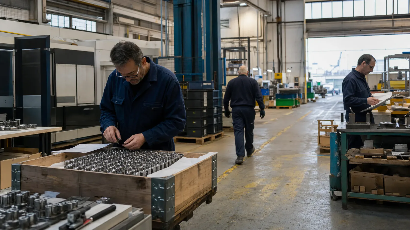 Atelier industriel réel avec des opérateurs qui vérifient des pièces et des documents dans une scène de travail ordinaire.