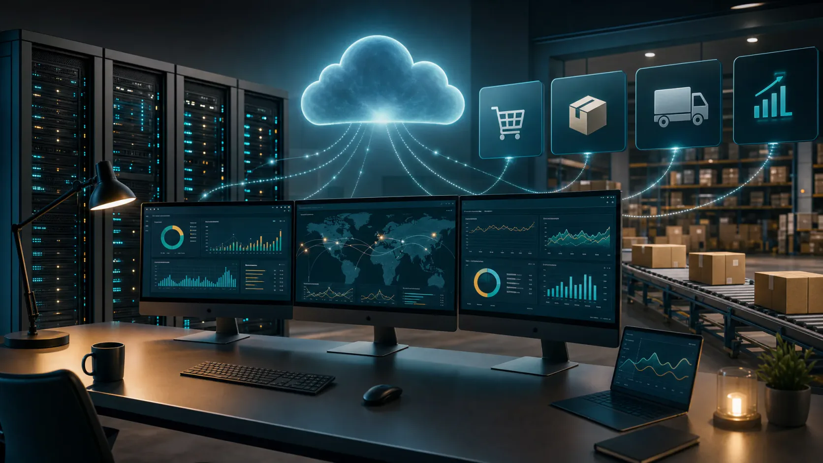 Entorno de operaciones digitales con infraestructura cloud, pantallas de monitoreo y sistemas conectados que representan la diferencia entre copia y recuperación.