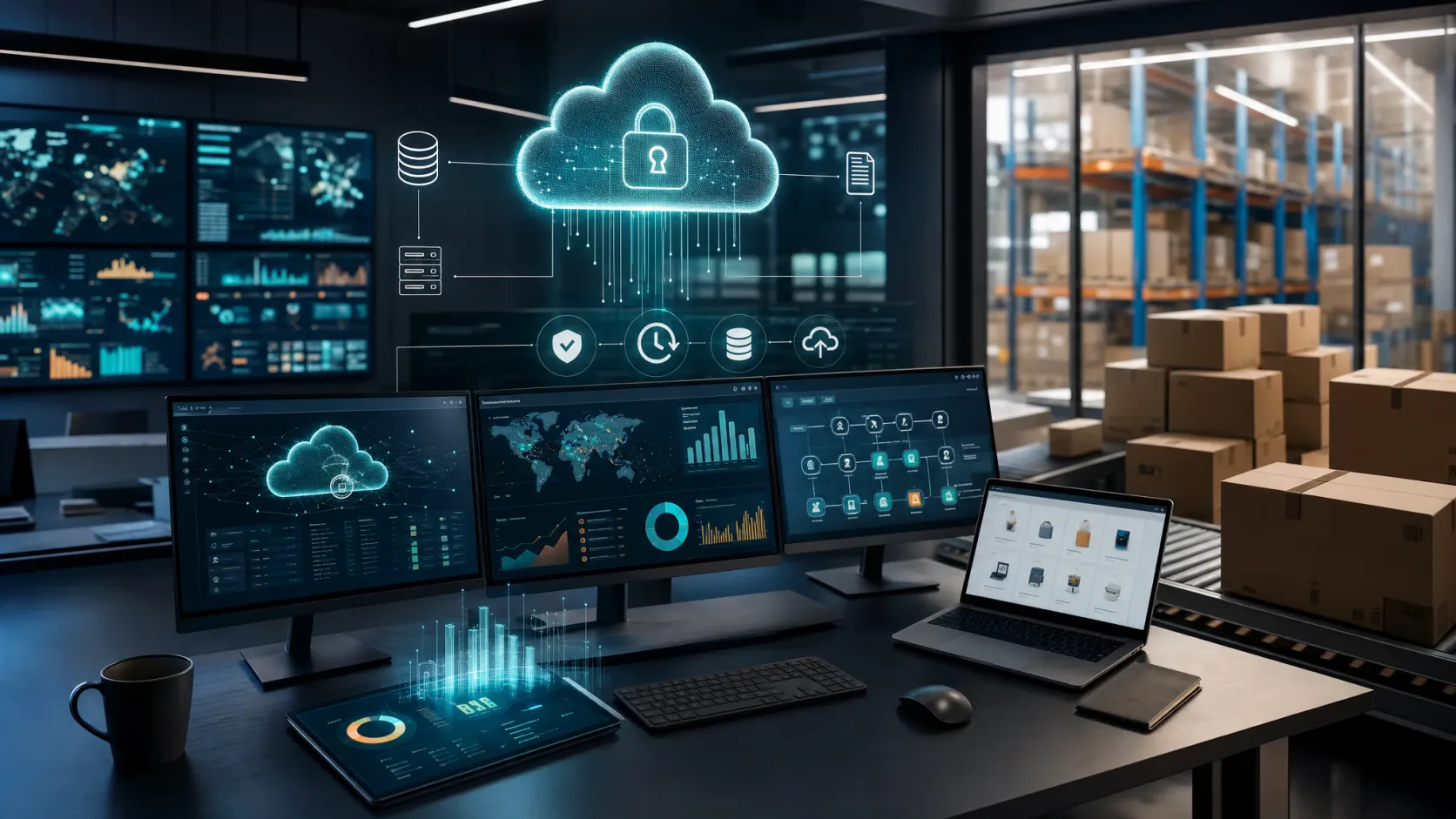 Sala de operaciones digital con referencias abstractas a backup, recuperación y continuidad en la nube