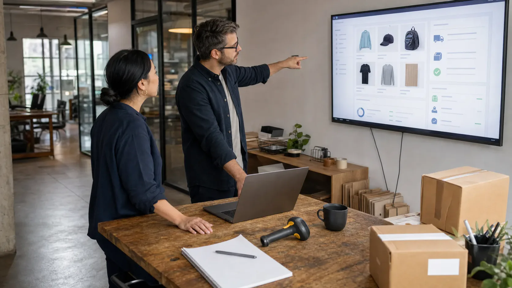 Equipo de operaciones revisando un panel de comercio electrónico en una oficina real
