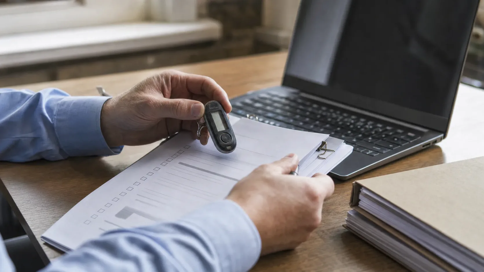 Manos revisando documentación de seguridad junto a un token hardware y un portátil en una mesa de trabajo.