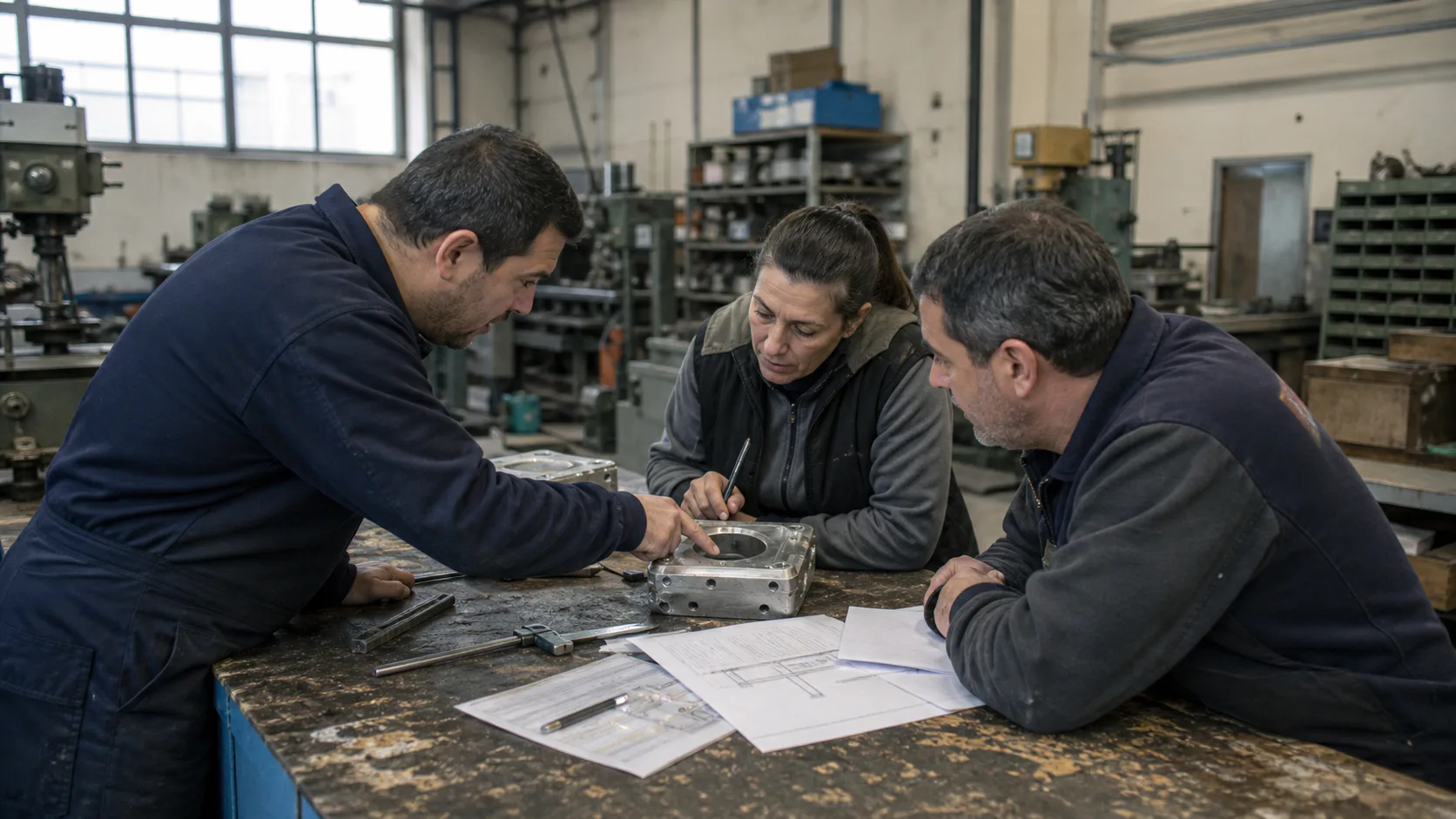 Equipo de una pyme industrial revisando un proceso de trabajo alrededor de una mesa de taller