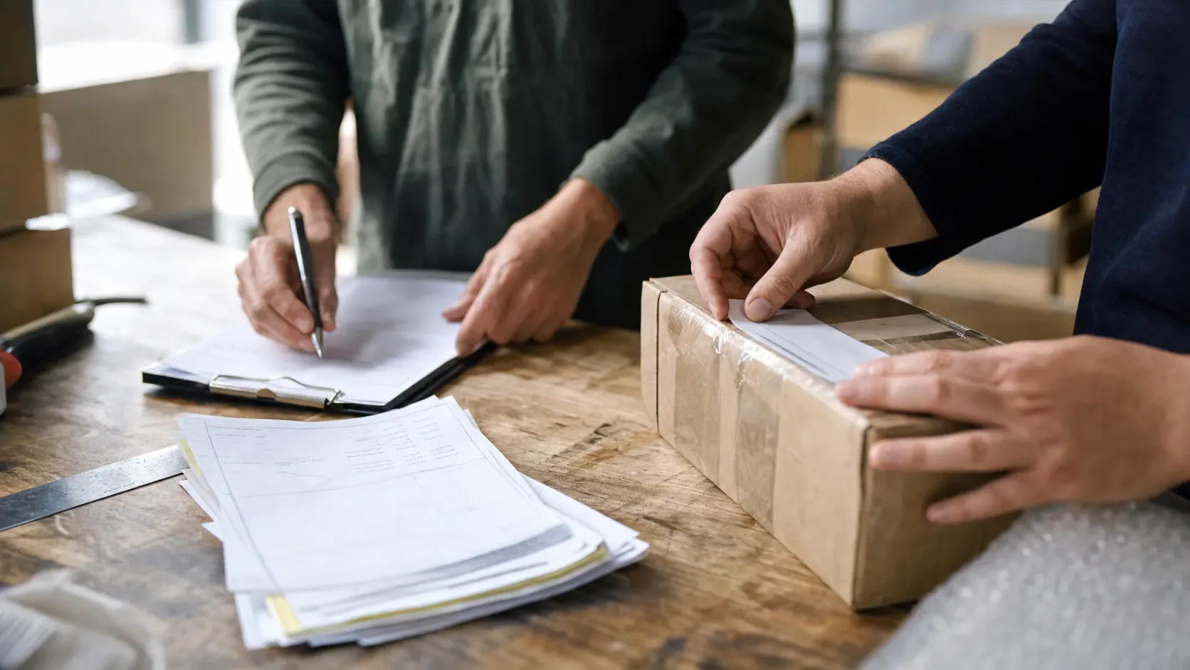 Manos revisando albaranes y un paquete en una mesa de preparación