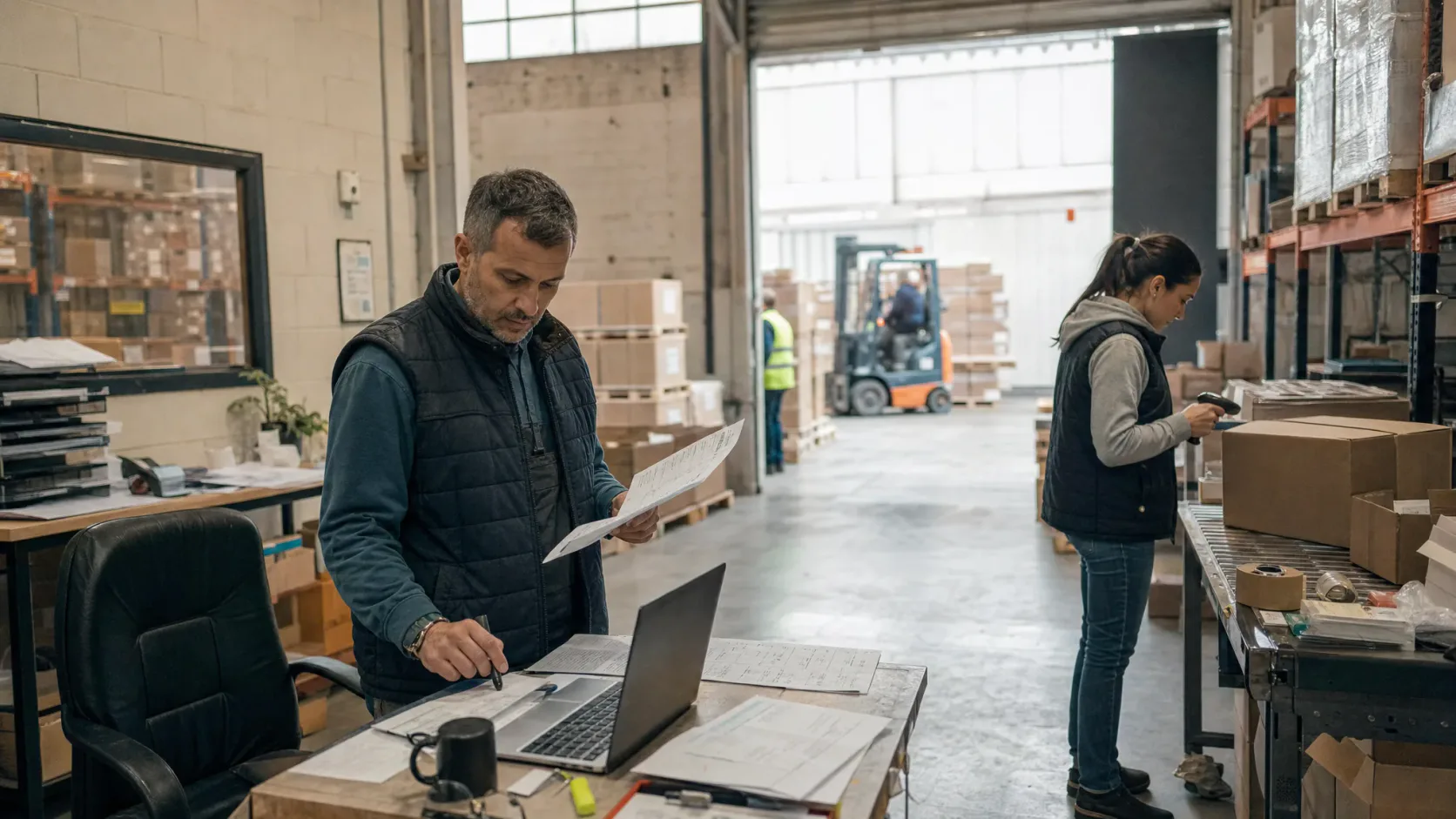 Team reviewing order issues between sales, warehouse and office in a daily operation.