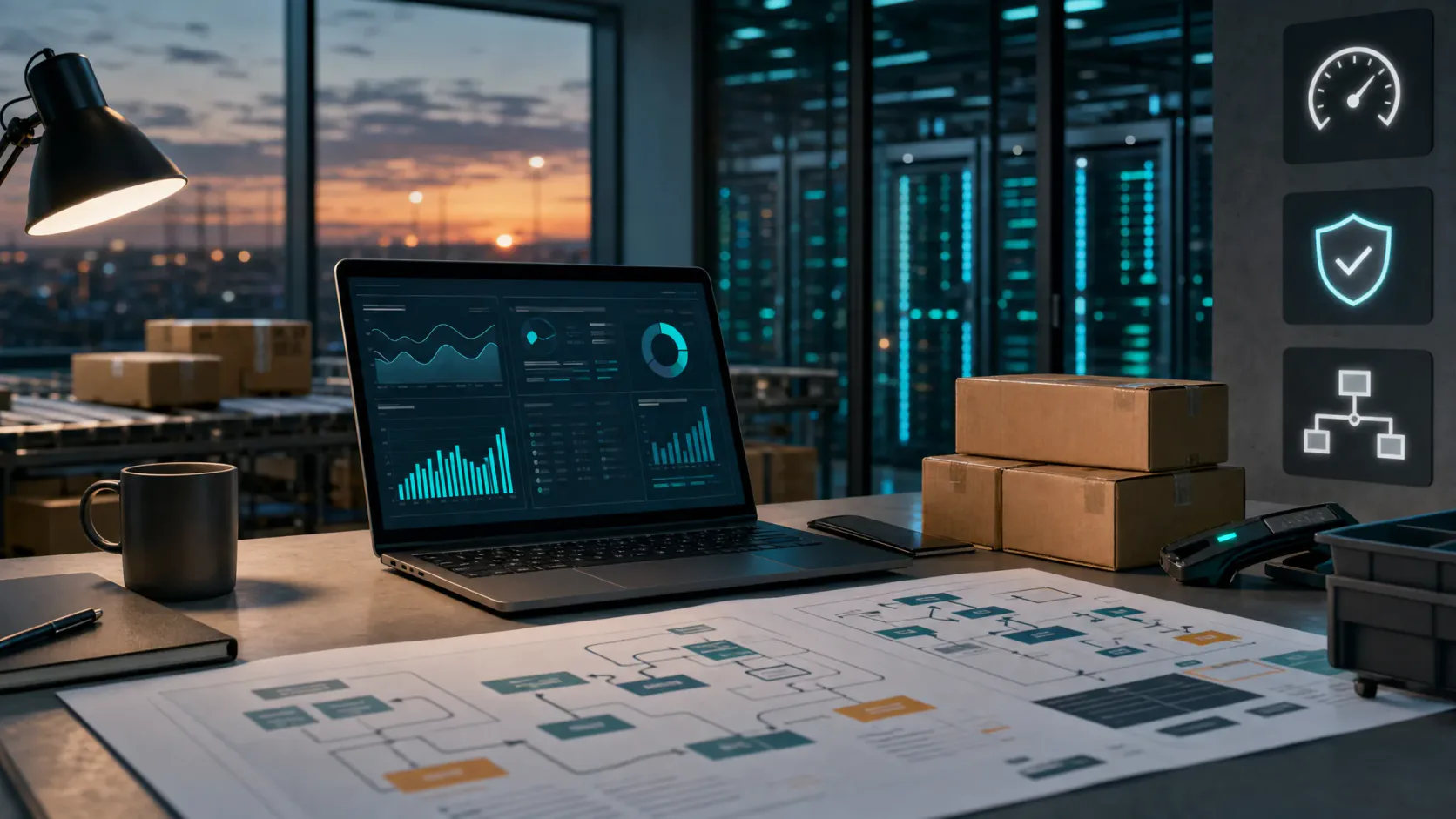 A business operations desk with abstract dashboards, tension between control and speed, and a modern digital infrastructure.