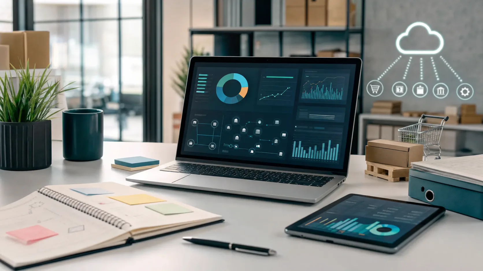 Entorno de trabajo empresarial con paneles abstractos y herramientas digitales que representan gobernanza operativa sin mostrar texto legible.