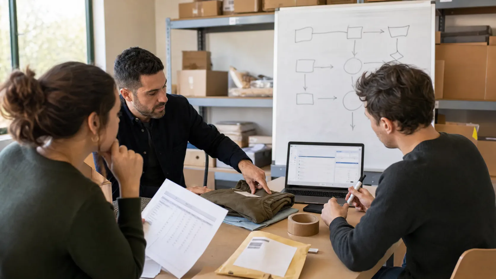 Small team reviewing returns between Shopify and ERP with notes, samples and a whiteboard