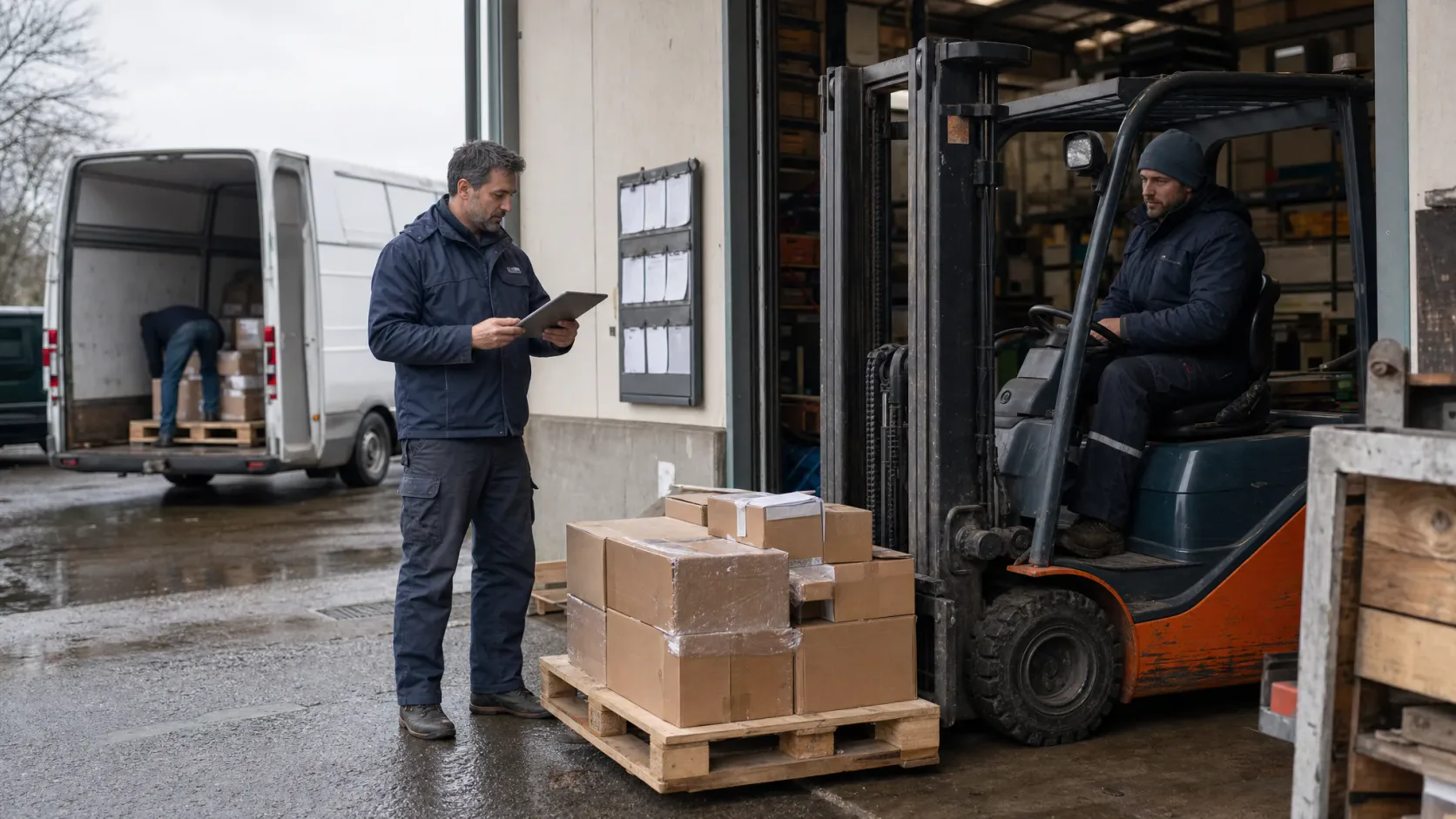 Supervisor revisando una tablet junto a un muelle de carga mientras se prepara un envío.