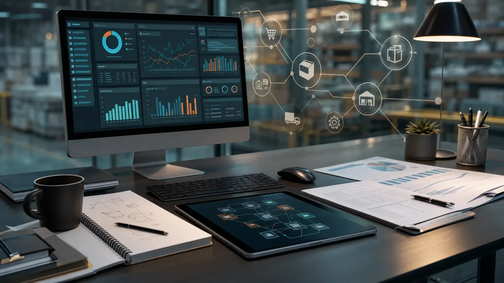 Escena editorial de una operación empresarial con ERP, ecommerce y documentos de trabajo en una mesa limpia