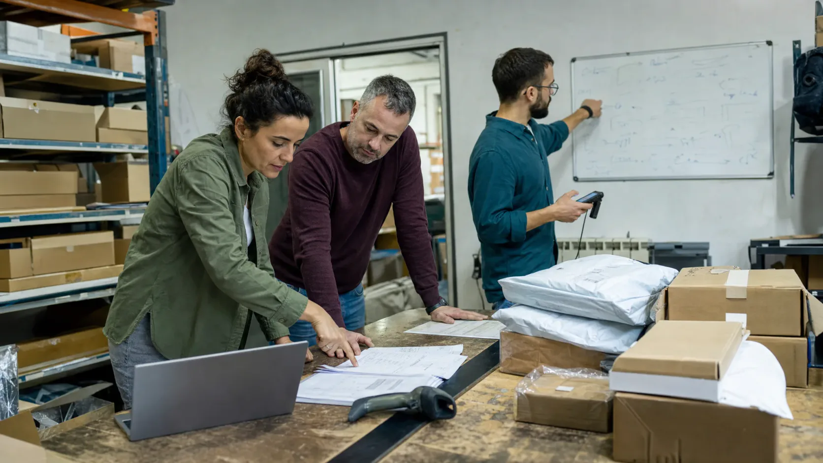 Equipo revisando pedidos e inventario en una zona de almacén y oficina