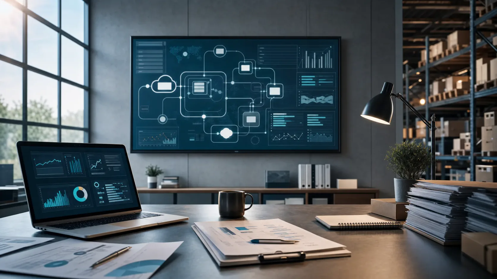 Pantalla de operaciones con flujos conectados entre sistemas empresariales y una vista sobria de integración y control