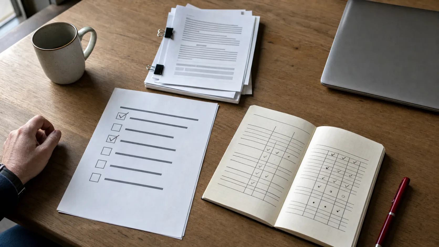 Mesa de trabajo con checklist, documentos y notas para evaluar un sistema RAG.