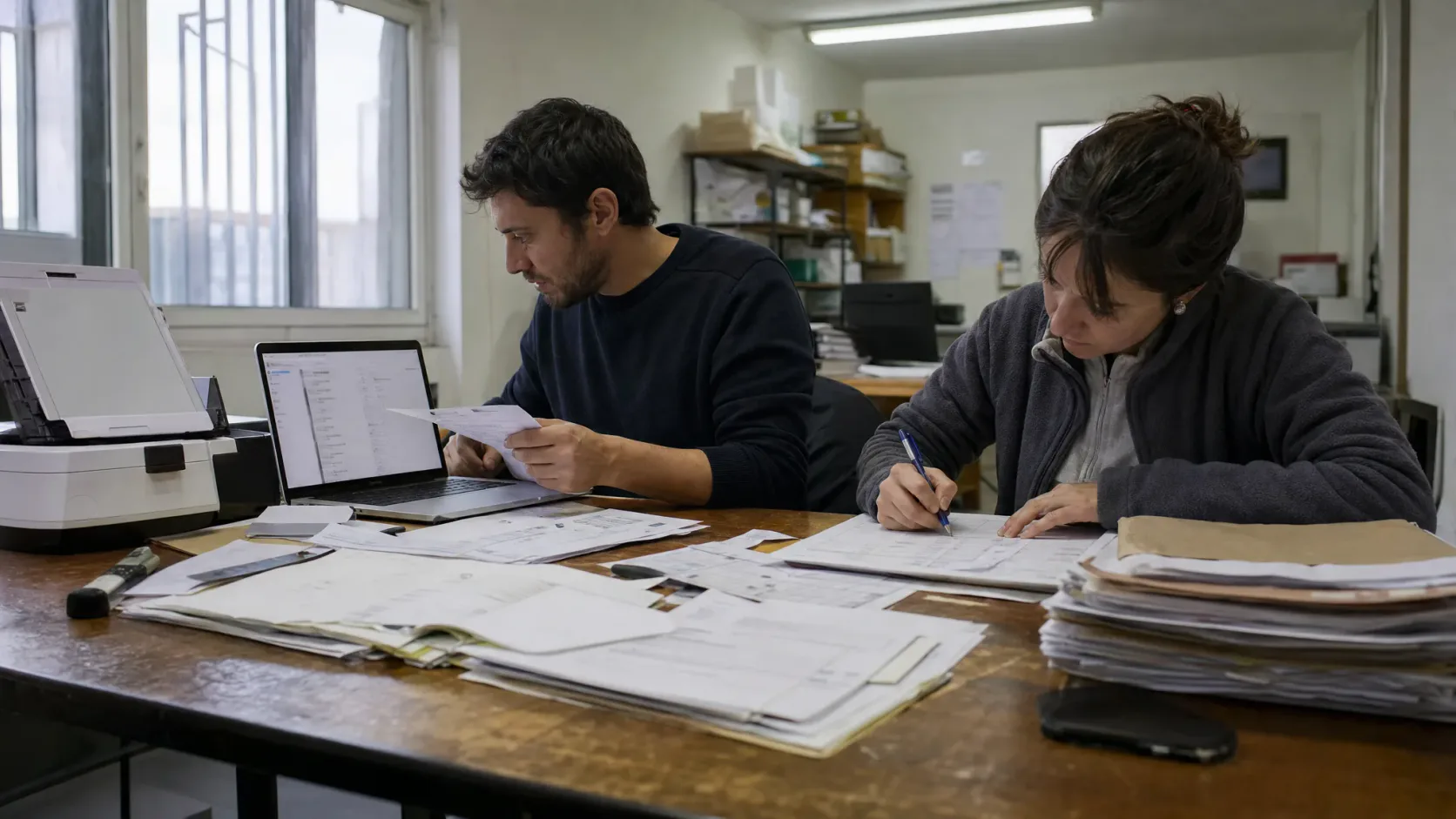 Dos personas revisan facturas y validan documentos con un portátil y un escáner en una oficina real.