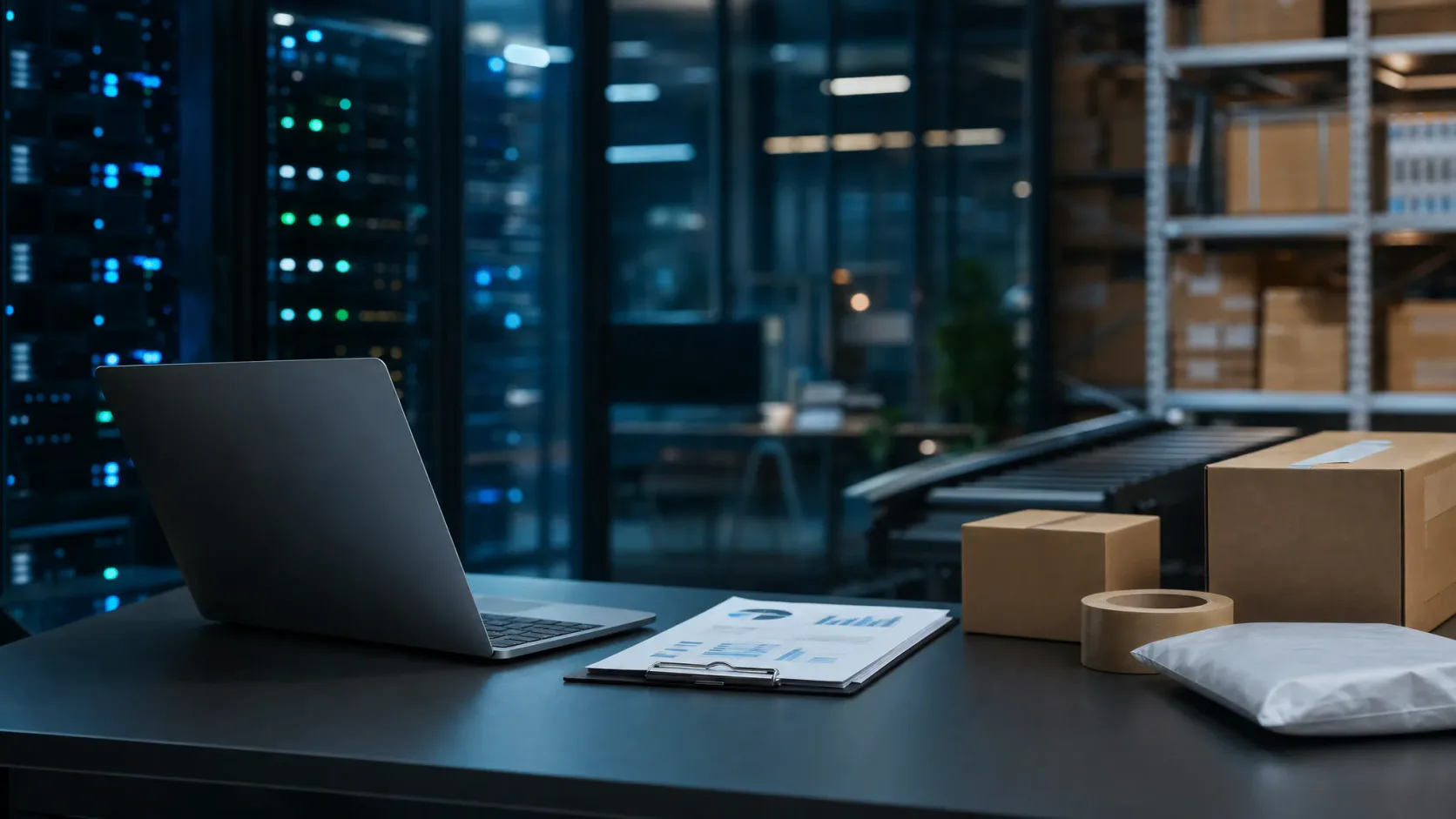 Mesa de operaciones digital con portátiles y elementos logísticos en un entorno corporativo