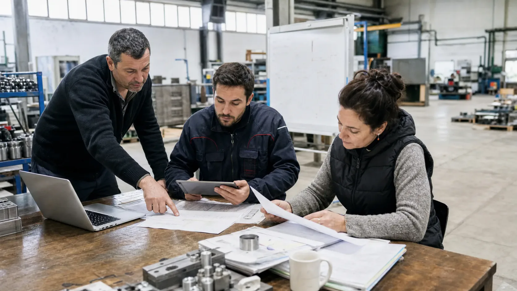 Trois professionnels examinent des plans de production et des bons de livraison dans un bureau industriel simple près de l’atelier.