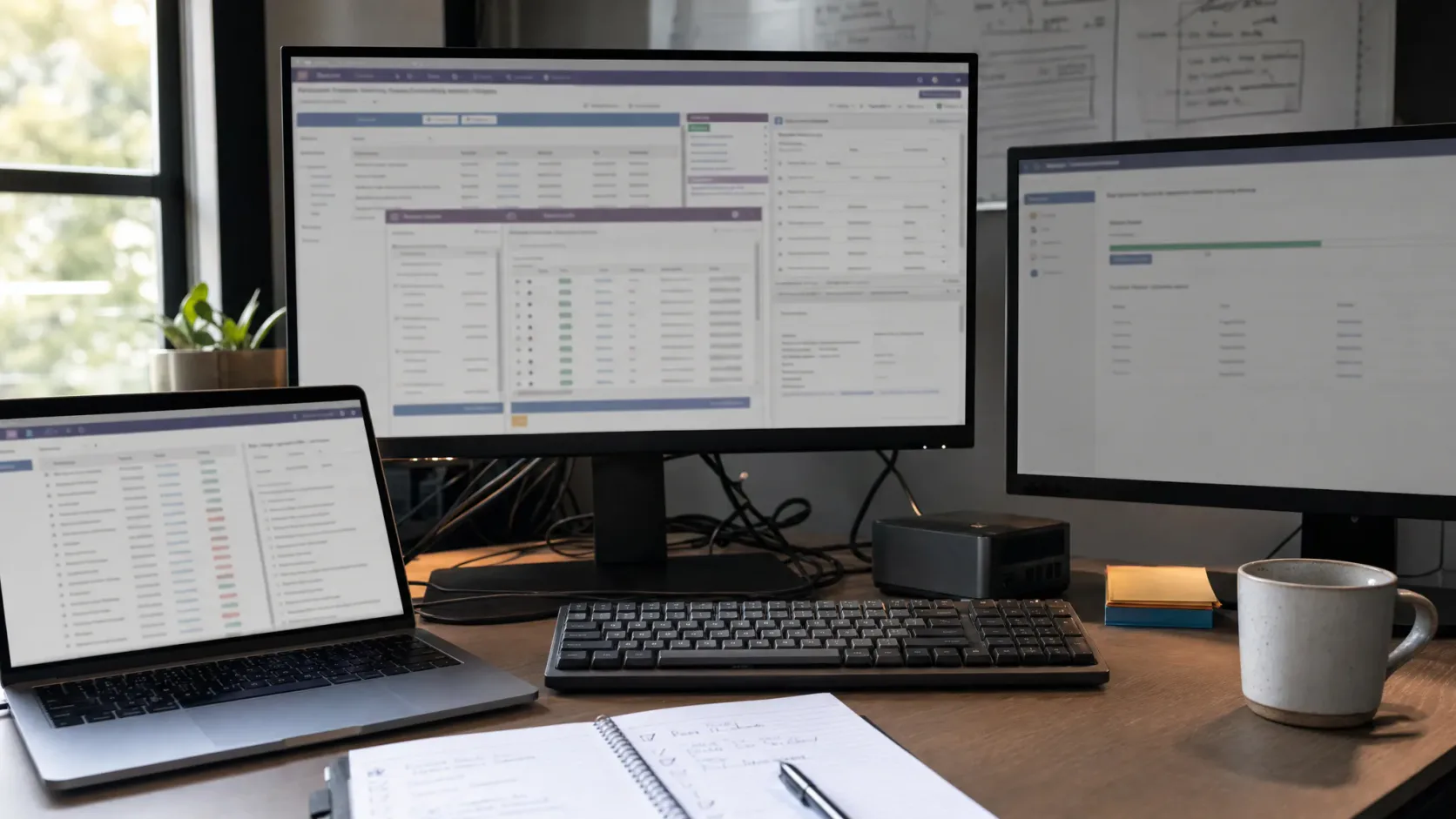 Poste de travail avec console Odoo, listes de données et environnement de test pour une migration ERP.