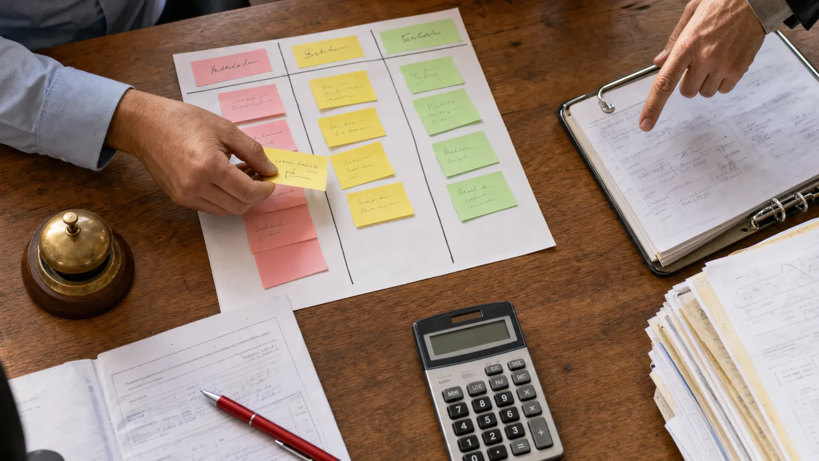 Mesa de trabajo con notas de proceso, papeles y una mano retirando un paso manual antes de automatizarlo.