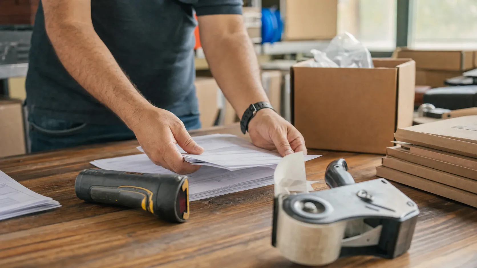 Hands reviewing packing slips and parcels on an order preparation table