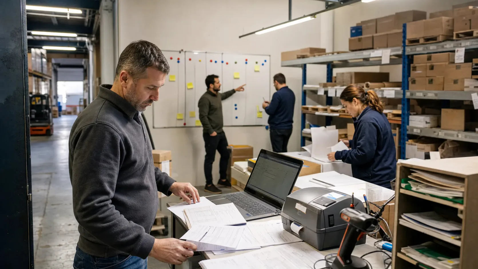 Équipe de PME examinant les processus, documents et stocks avant d’implanter un ERP