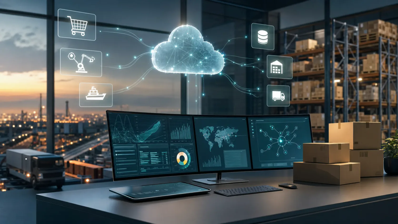 Digital operations room with abstract dashboards and data flows representing controlled access to internal knowledge.