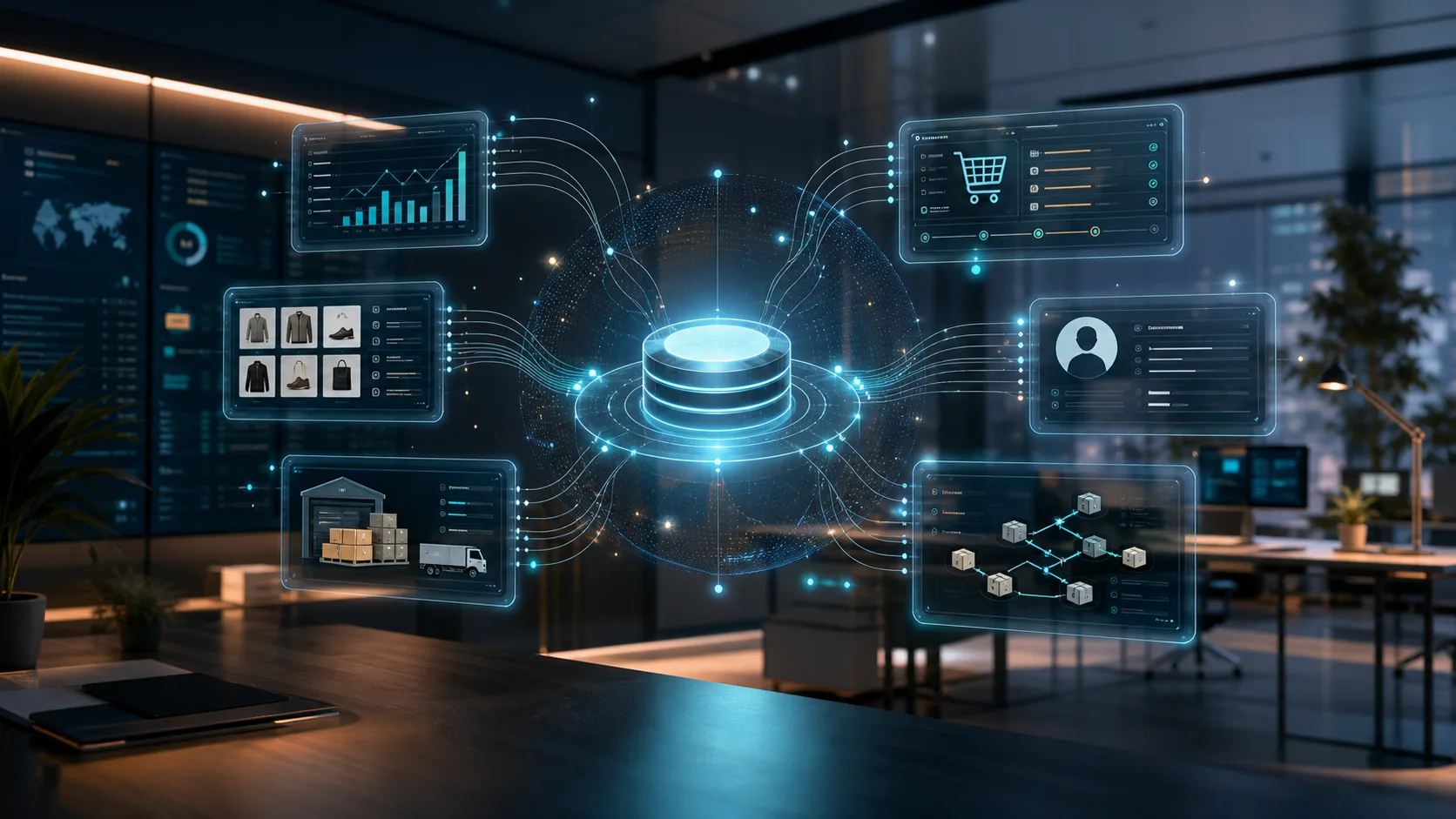 Diagrama de datos compartidos conectando ERP, ecommerce, CRM y operaciones