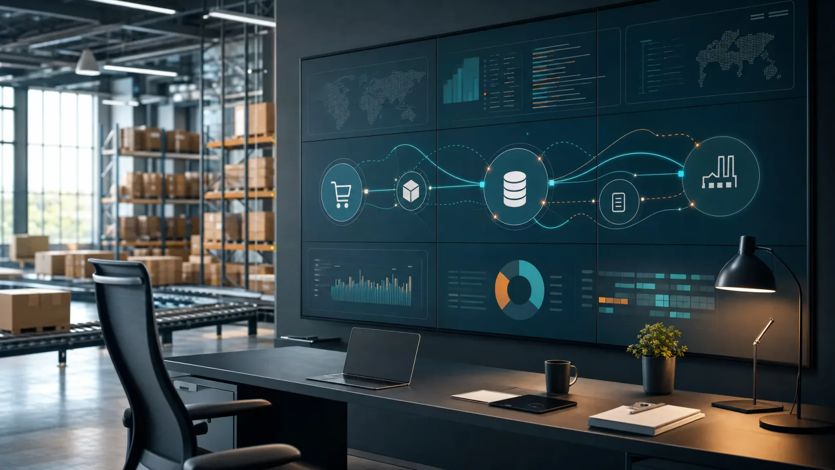 Almacén y panel de operaciones digital que representan la integración entre ecommerce y ERP
